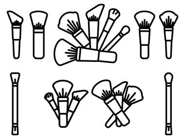 Profesyonel makyaj fırçası çizgisi simgeleri. Bu minimalist vektör çizimi moda endüstrisinde güzellik salonları, kozmetik ambalajlama ve dijital pazarlama için idealdir..