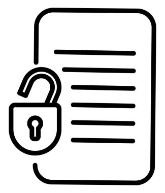 Bu temiz vektör simgesi, bir metin belgesi üzerinde, veri erişimini, deşifre edilmiş dosyaları veya kamu bilgisini sembolize eden açık bir asma kilit tasvir eder. Siber güvenlik ve ofis projeleri için mükemmel..