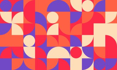 Canlı geometrik soyut arkaplan. Modern, koyu renkli mercan, mor ve krem paleti web sitesi afişleri, sosyal medya veya baskı projeleri için mükemmel dinamik ve eğlenceli bir kompozisyon oluşturur..