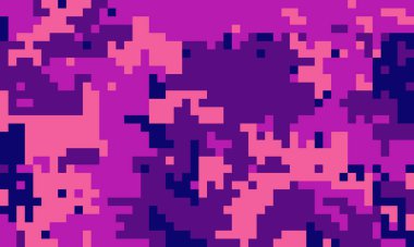 Soyut piksel sanat arkaplanı. Canlı pembe, mor ve lacivert dijital kamuflaj deseni. Web sitesi afişleri, teknoloji tasarımları ve modern sunumlar için ideal.