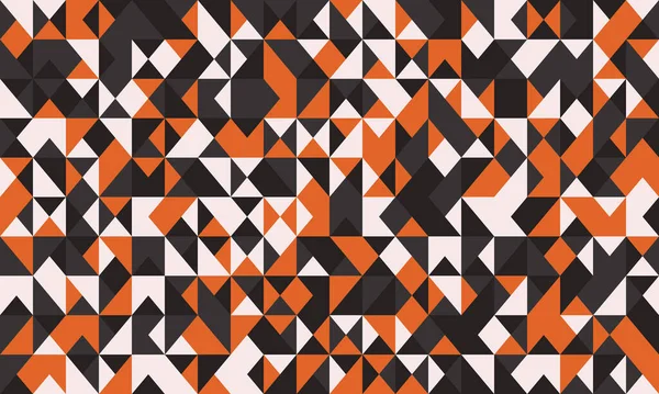 Turuncu, siyah ve beyaz üçgenlerden oluşan canlı bir mozaik içeren soyut geometrik desen. Arkaplan, tekstil veya modern tasarım projeleri için ideal.