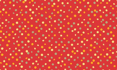 Vibrant red background adorned with scattered dots in orange, yellow, and gray.  A playful, joyful pattern perfect for textiles, websites, or celebratory designs.