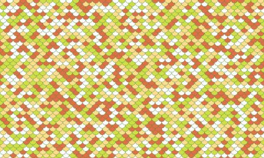 Pastel turuncu, yeşil ve beyaz pullu soyut, dikişsiz desen. Tekstil tasarımı, web sitesi geçmişi veya dekoratif öğeler için ideal.