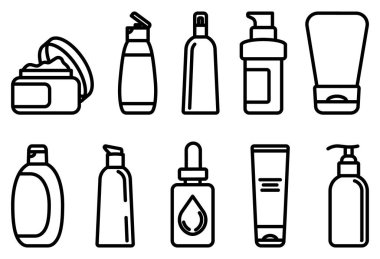 Minimalist cilt simgesi seti. Zarif kozmetik şişeleri ve tüpleri temiz bir sanat tarzında. Güzellik markalaşması, sağlık uygulamaları ve profesyonel ambalaj tasarım projeleri için ideal.