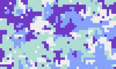 Soyut pikselleştirilmiş kamuflaj deseni. Pastel mor, mavi ve nane yeşili. Tekstil tasarımı, dijital sanat, arka plan ve web sitesi tasarımları için ideal.
