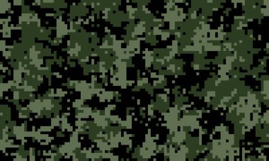 Soyut dijital kamuflaj modeli. Koyu yeşil, siyah pixelated doku. Geçmişler, askeri temalar, oyun ve teknoloji tasarımları için ideal.
