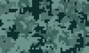 Soyut dijital kamuflaj modeli. Sönük yeşillikler ve koyu deniz mavisi desenli kusursuz pixelated doku. Arkaplan, tekstil veya askeri temalı tasarımlar için ideal.
