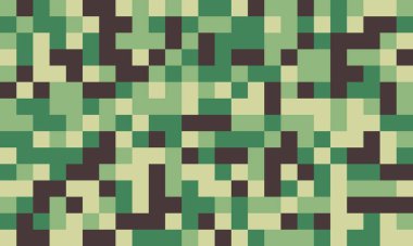 Soyut piksel sanat arkaplanı. Topraksı yeşil, bej ve kahverengi renkler kamuflaj etkisi yaratır. Web sayfaları, dokular veya dijital sanat projeleri için ideal.