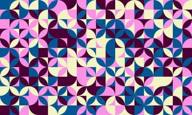 Canlı geometrik soyut desen. Pembe, mavi ve mor renkli tekrarlanan çiçek motifleri içeren orta yüzyıl modern tarz tasarımı. Tekstil, duvar kâğıtları, web sayfaları ve markalaşma için ideal.