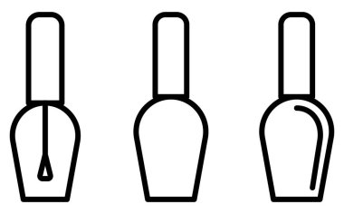 Üç oje şişesinden oluşan minimalist vektör simgeleri. Bu temiz çizgi sanatı güzellik salonları, manikürcüler ve moda siteleri için idealdir. Profesyonel kozmetik markalaşma için modern bir set.