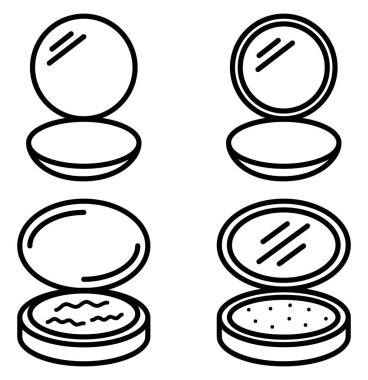 Bir dizi minimalist çizgi sanat simgeleri açık makyaj çantalarını aynalarla sergiliyor. Güzellik markaları, kozmetik dersleri, cilt bakımı blogları ve zarif kadın tasarım projeleri için ideal..