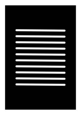 Beyaz yatay çizgilerin yer aldığı parlak bir minimalist siyah belge simgesi. İş, eğitim ve UI tasarımı için mükemmel, veri yönetimi, raporlar ve organize bilgiyi sembolize eder.