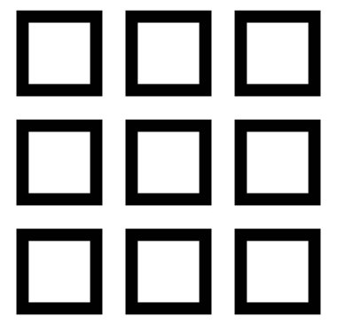 Temiz, minimalist, 3x3 'lük bir siyah kare şebekesi beyaz bir arkaplan karşısında dijital yapı ve organizasyonu temsil ediyor. UIUX simgeleri, web menüleri ve uygulama tasarımları için mükemmel.