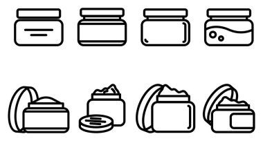 Cilt kavanozlarını ve güzellik ürünlerini temsil eden bir dizi temiz taslak simgesi. Modern web tasarımı, kozmetik etiketler ya da sağlık uygulamaları için mükemmel. Minimalist hijyen ve kişisel bakımı vurgular.