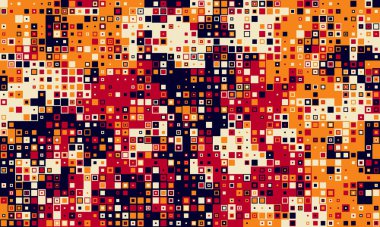 Kırmızı, turuncu ve siyah renkli canlı karelerin soyut mozaiği. Arkaplan, web sitesi tasarımları veya modern sanat projeleri için mükemmel.