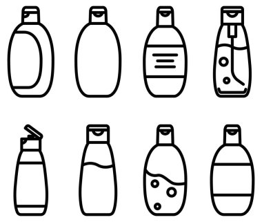Değişik şampuan ve losyon şişelerinin minimalist taslak simgeleri. Markalaşma, web tasarımı ya da cilt ambalajlama kavramları için mükemmel. Temiz, modern ve çok yönlü siyah-beyaz vektör sanatı.