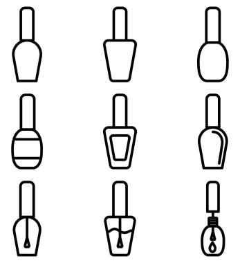 Çeşitli şekillerde minimalist oje çizgisi simgeleri. Güzellik salonları, manikür uygulamaları ve kozmetik markalar için ideal. Modern web ve baskı tasarım projeleri için temiz ve profesyonel taslaklar.