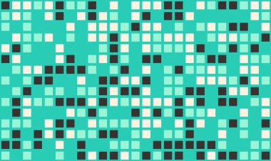 Soyut geometrik mozaik desen. Teal, beyaz ve siyah kareler dinamik, pikselleştirilmiş bir doku oluşturur, arka plan, web siteleri veya modern tasarım projeleri için mükemmeldir..
