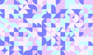 Soyut pastel geometrik arkaplan. Mor, mavi ve pembe tonlarda daireler ve kareler mozaiğinin yer aldığı şık, eğlenceli bir tasarım. Web siteleri, sunumlar veya sosyal medya için mükemmel.