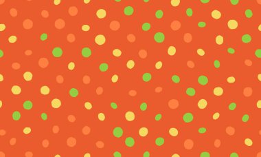 Canlı turuncu, sarı ve yeşil benekli neşeli, el çizimi polka desenli. Geçmişler, tekstil, çocuk tasarımları ve şenlik projeleri için mükemmel..