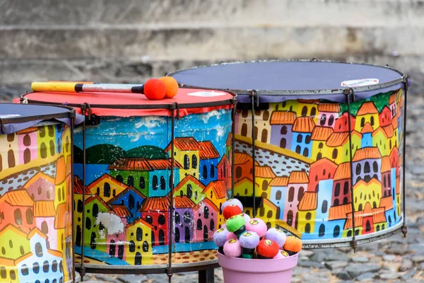 Ethnic Colorful Decorated Set Drums Hand Made Painted Streets Pelourinho — Stock Photo, Image