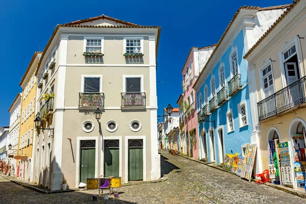 Casas Coloridas Fachadas Encostas Paralelepípedos Tradicional Bairro Pelourinho Salvador Bahia — Fotografia de Stock