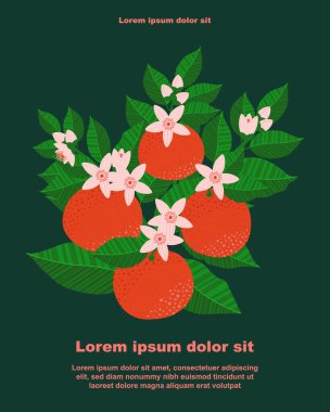 Illustration of a botanical background featuring grapefruit fruits, leaves, and flowers, with a space for text. Perfect for invitations, cards, banners, brochures, posters, covers, and other designs.