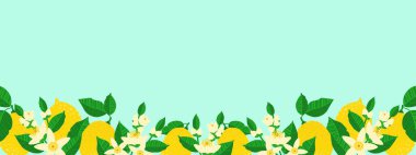 A vibrant lemon banner design on a pale blue background with copy space. Perfect for summer sales, organic product ads, juice packaging, or web designs. Hand-drawn vector illustration