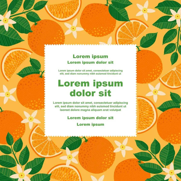Illustration of a botanical background featuring orange fruits, leaves, and flowers, with a copy space. Perfect for invitations, cards, banners, brochures, posters, covers, labels, and other designs.