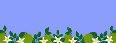 Limon meyveleri, yaprakları ve çiçekleri içeren basit narenciye tasarımı, mavi arka planda kopya alanı, web tasarımları, organik ürün reklamları, meyve suyu ambalajları ve yaz satışları için mükemmel..