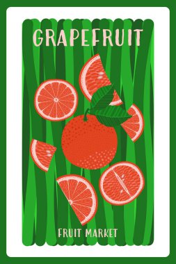 Greyfurtlu ve metin alanlı turunçgil meyve posteri. Taze ve dilimlenmiş greyfurtlar. Düz ve minimal yeşil yapraklı. Yazdırma ve web tasarımları, reklamlar, paketleme ve markalaşma için mükemmel.