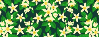 Narenciye çiçekleri ve koyu arkaplanlı yeşil yapraklı büyüleyici botanik afişi. Kumaş, ambalaj kağıdı, duvar kağıtları, ambalaj, kırtasiye ve doğadan esinlenilmiş markalar için yeni tasarım idealdir..