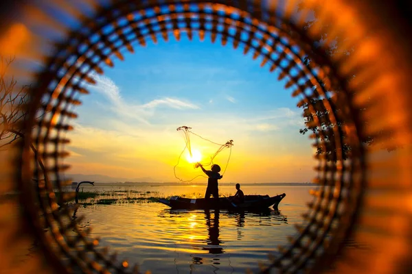 Silhouettes Traditional Fishermen Sunset Galle Sri Lanka — Stock Photo, Image