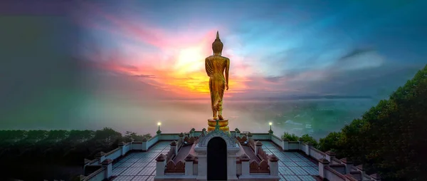 Golden Buddha Image Standing Sunrise Early Morning Wat Phra Khao — Stock Photo, Image