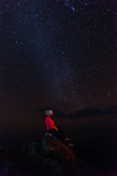 Silhouette Asian women sitting on a field view. Watching the night and the stars of the Milky