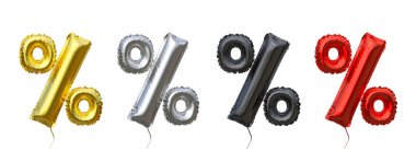 % 100 sembollü balonlar altın, gümüş, siyah, kırmızı 3D renkte izole edilmiş.
