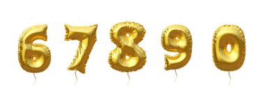 Sayılar şeklinde altın balonlar. Altı, yedi, sekiz, dokuz, sıfır balon. Beyaz arka planda izole edilmiş. 3 boyutlu görüntüleme. 2. Set