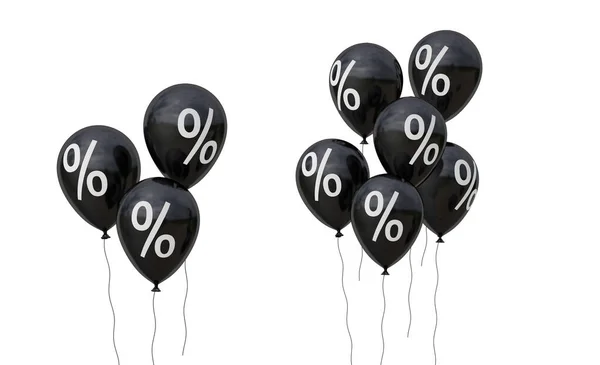 Μαύρη Παρασκευή. Μαύρα μπαλόνια και τοις εκατό σύμβολο. απομονώνονται σε λευκό 3d καθιστούν — Φωτογραφία Αρχείου