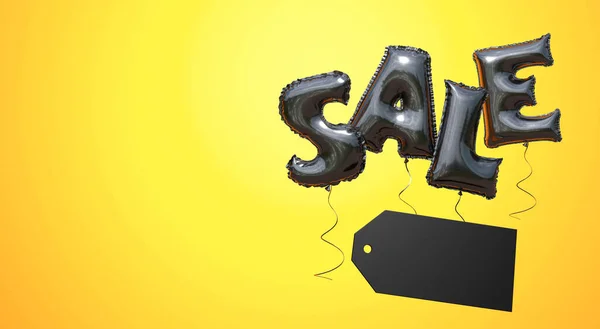 Schwarzer Freitag. Das Wort VERKAUF aus schwarzen Luftballons auf gelbem Hintergrund. Kopierraum — Stockfoto