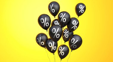 Kara Cuma. Sarı üzerinde yüzde işareti olan siyah balonlar. Uzayı metin için kopyala. 3B görüntüleme