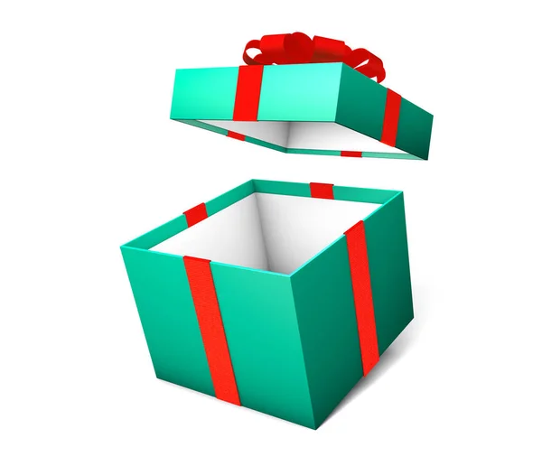 Otevřete prázdnou zelenou dárkovou krabičku s červenou stuhou izolovanou na bílé. 3D vykreslení. maketa — Stock fotografie