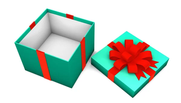 Open empty green gift box with red ribbon isolated on white. 3d render. mock-up — Stock Photo, Image