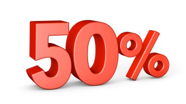Kırmızı% 50 beyaz arka planda izole edilmiş. Yüzde elli indirim. 3d hazırlayıcı