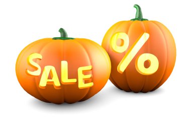 Cadılar Bayramı indirimi. Satış ve yüzde ile balkabağı. beyaz üzerine izole