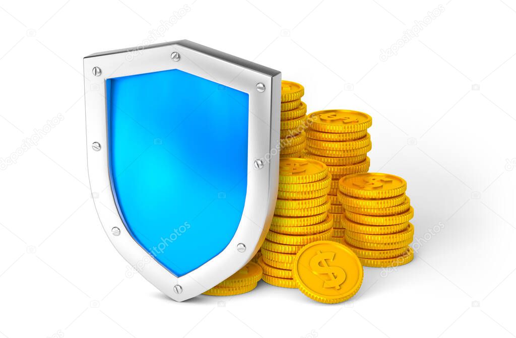 Shield and money. Money protection concept. Isolated on white background. 3d render