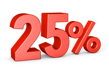 Yüzde yirmi beş. Yüzde 25 kırmızı. Beyaz arka planda izole edilmiş. 3d hazırlayıcı