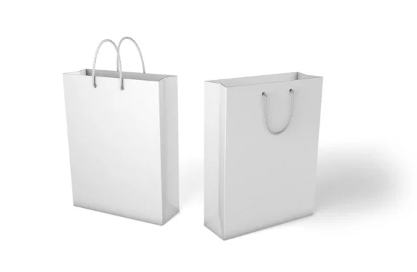 Bolsa de papel burlona. Plantilla de paquete blanco con asas y cuerdas para compras aisladas en blanco. 3d renderizar — Foto de Stock