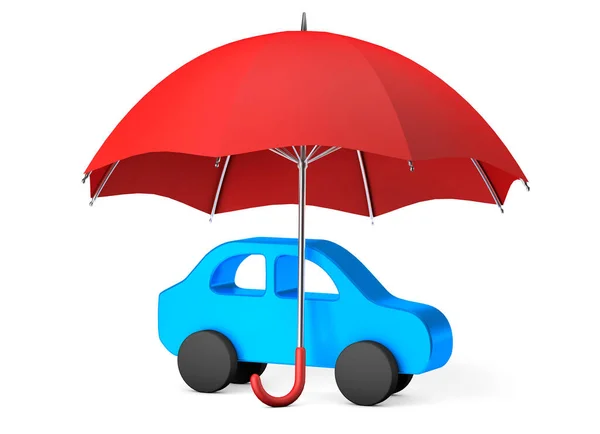 Blå bil under ett rött paraply. Bilskydd eller försäkring. Isolerad på vitt. 3D-återgivning. — Stockfoto