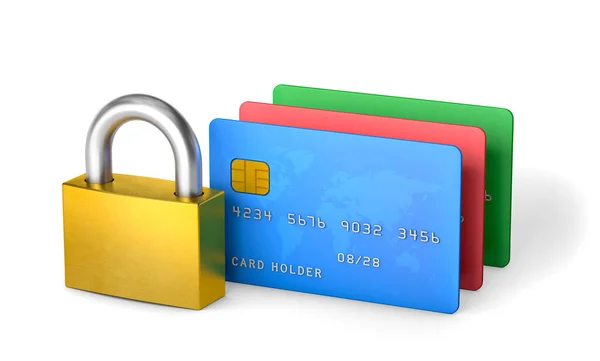 Fechadura e cartões de crédito. Proteção de dados pessoais e dinheiro eletrônico. isolado em fundo branco com caminho de recorte. Renderização 3d — Fotografia de Stock