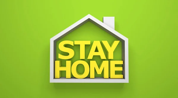 Zostań w domu. Dom na zielonym tle. 3d renderowanie — Zdjęcie stockowe